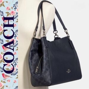 Coach Halle Large Shoulder Bag — Dark Navy Signature Canvas & Pebbled Leather